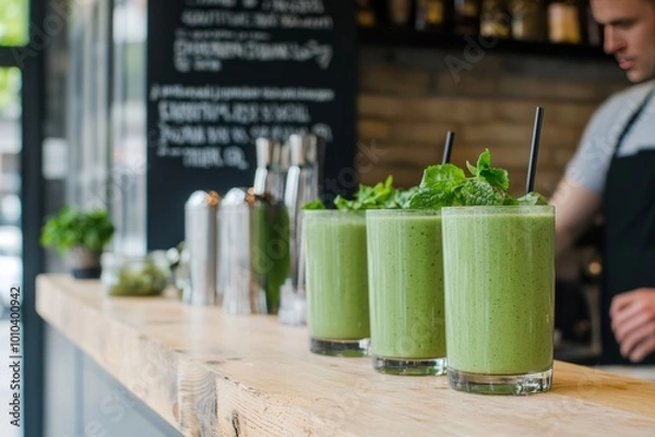 Fototapeta Row of green smoothies on a bar counter. The bartender is preparing more smoothies in the background