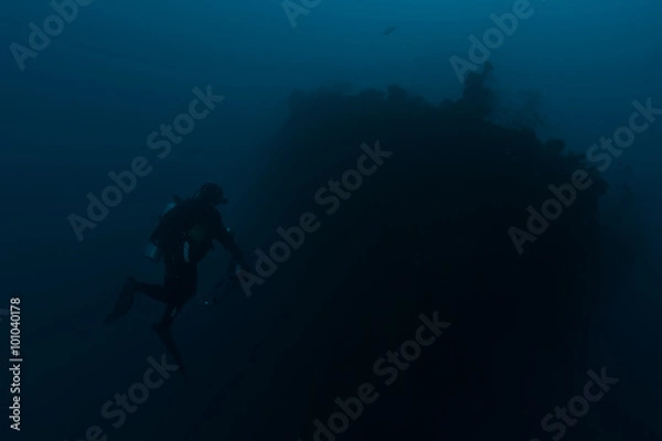 Fototapeta Scuba diver exploring wreck ship in the deep.