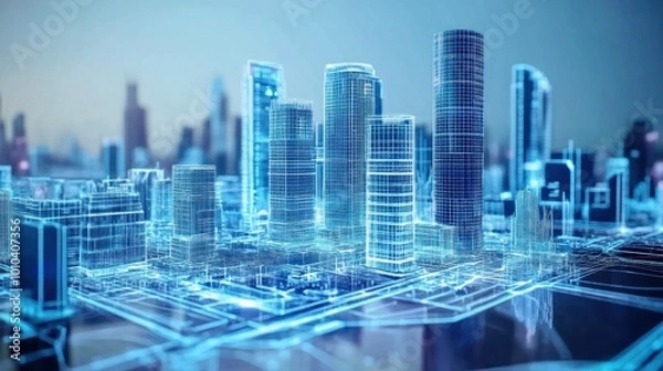 Fototapeta Digital Cityscape with Wireframe Buildings and Network Lines