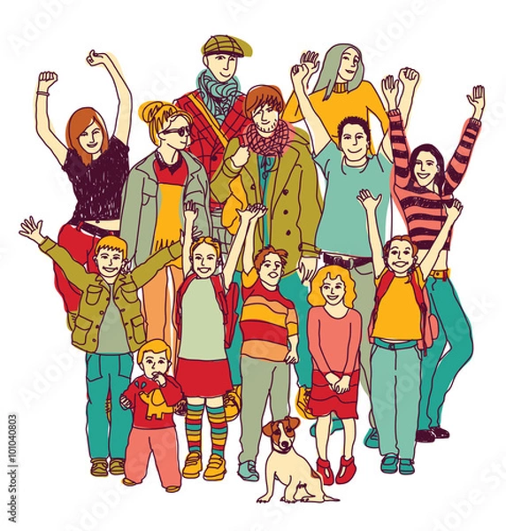 Fototapeta Big happy family group standing isolate on white.