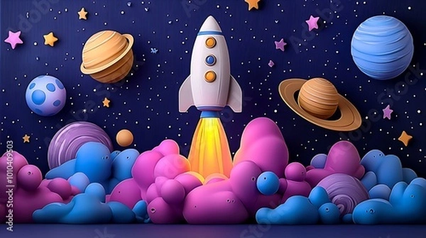 Fototapeta Cartoon Rocket Launch into Space with Planets and Stars 3D Illustration