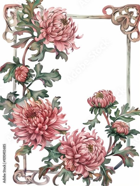 Fototapeta Ethereal watercolor depiction of pink chrysanthemum blossoms with verdant foliage, framed by an empty black border, set against a vibrant backdrop of red and purple splashes,