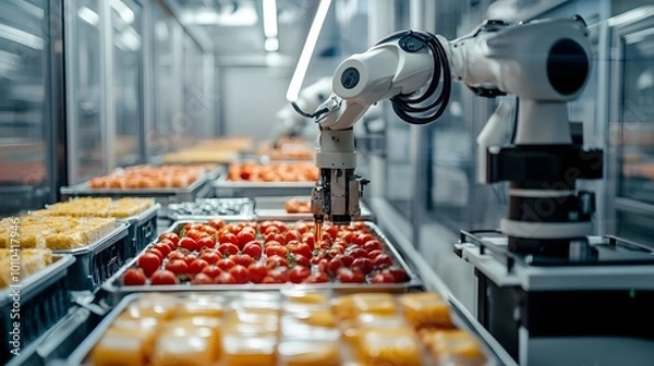 Fototapeta Advanced food testing robots performing sensory checks on various packaged goods, guaranteeing quality in a sleek, sterile environment with precision instruments