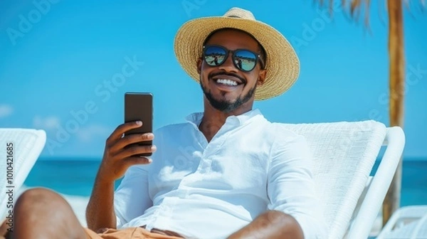 Fototapeta Smiling man in a straw hat and sunglasses using his smartphone at the beach, enjoying a sunny day and relaxing by the ocean