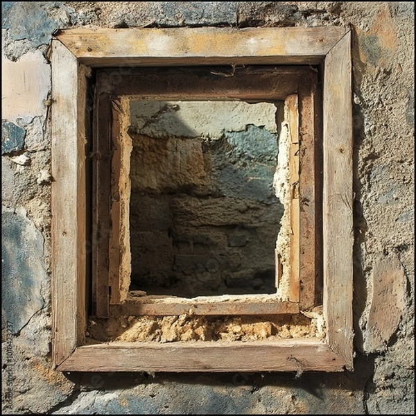Fototapeta Weathered Wooden Window Frame in an Old Brick Wall