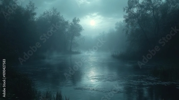 Fototapeta Misty river scene under a full moon, evoking tranquility and mystery.