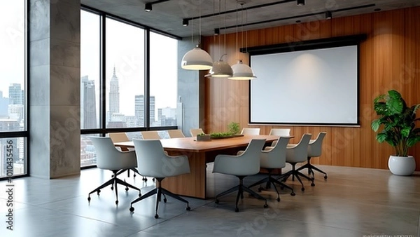 Obraz Modern office meeting room in bright open space. Features a blank wall, wooden accent wall, large windows, and minimalist furniture. Concept of workspace. 3D Rendering