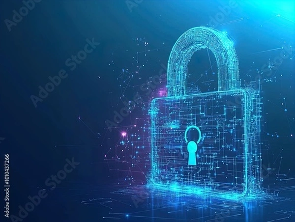 Fototapeta Unlock the Future: A Stunning Virtual Lock Icon with Radiant Circuits on Dark Blue Canvas – Perfect as a Poster for High-Tech Spaces and Modern Security Themed Interiors!
