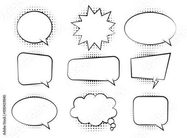 Fototapeta Comic speech bubbles with halftone. Cartoon empty balloon message. Vector blank chat