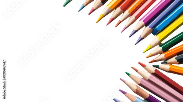 Fototapeta Arrange of sharpened color pencil on white and transparent background. PNG cutout.