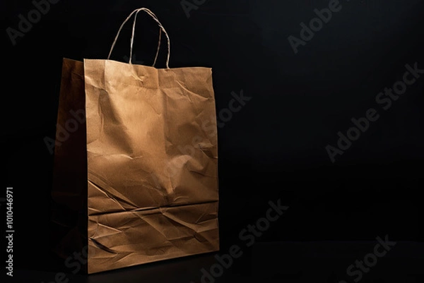 Fototapeta Brown kraft paper bag with visible texture on a black background, lit from the left.