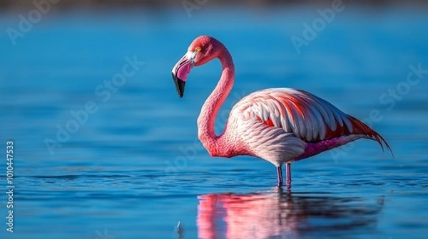 Fototapeta Elegant Flamingo Standing in Calm Water Reflection