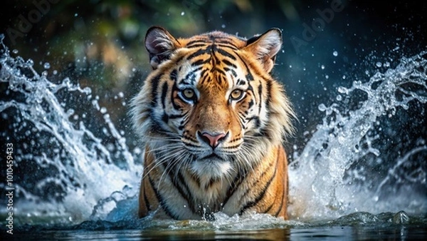 Obraz Forced perspective image of a tiger emerging from water with splashing drops