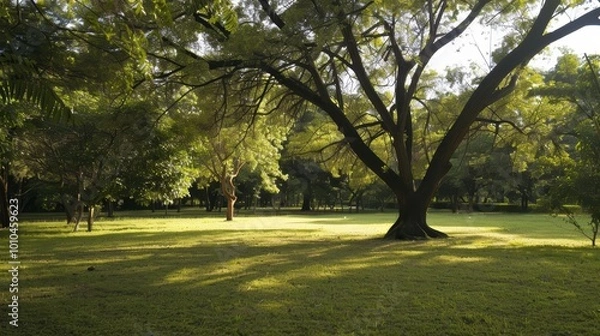 Fototapeta Massive Tree with Sprawling Green Leaves in Sunlight