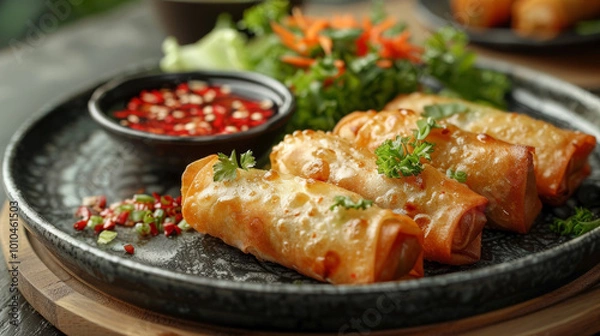 Fototapeta Peking Duck Spring Rolls: crispy rolls filled with duck, vermicelli, and veggies, served with chili sauce