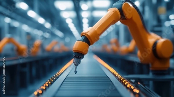 Fototapeta Industrial robotic arm in modern factory, automated production line, blue tones.