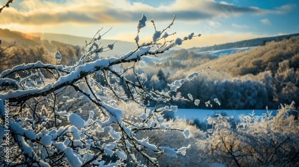 Obraz Snow-Dusted Branch with Scenic Background