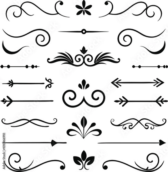 Fototapeta This set of twenty Rome-style calligraphic design elements includes ornate dividers and headpieces, perfect for adding elegance to page decor, invitations, or vintage-themed projects.