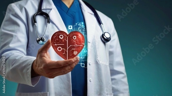 Fototapeta Concept of medical technologies and heart day with cardiologist, scientific research in the field of artificial intelligence technologies