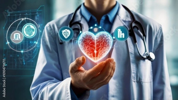 Fototapeta Concept of medical technologies and heart day with cardiologist, scientific research in the field of artificial intelligence technologies