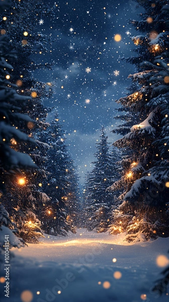 Fototapeta magical snowy forest path with twinkling lights - winter wonderland background