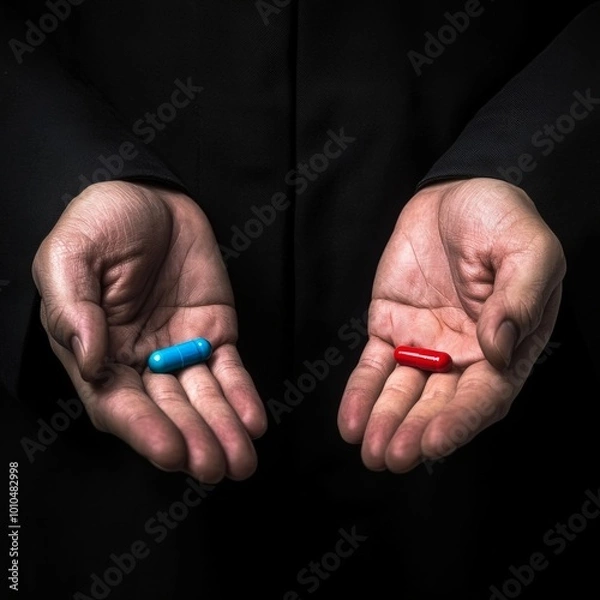 Fototapeta A pair of hands is shown offering a choice between a red pill and a blue pill, symbolizing choices and decisions in human life.