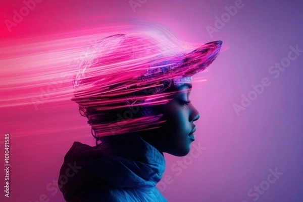 Obraz Young woman posing with neon light painting effect