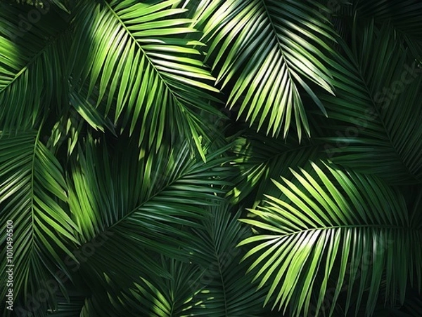 Fototapeta 2408 86.A close-up view of deep green tropical palm leaves, casting soft shadows across each other. The rich texture of the leaves contrasts against the dark background, while rays of sunlight
