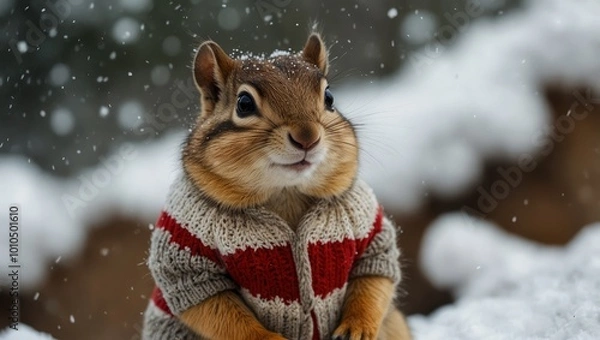 Fototapeta Chipmunk in snow with winter clothes like Santa Claus.. Christmas style hat and sweater. Funny animals in winter