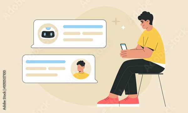 Fototapeta Artificial Intelligence for business, AI chatbot and man virtual communication concept, user asking for help, dialog between customer and human assistant. Flat vector illustration, isolated background