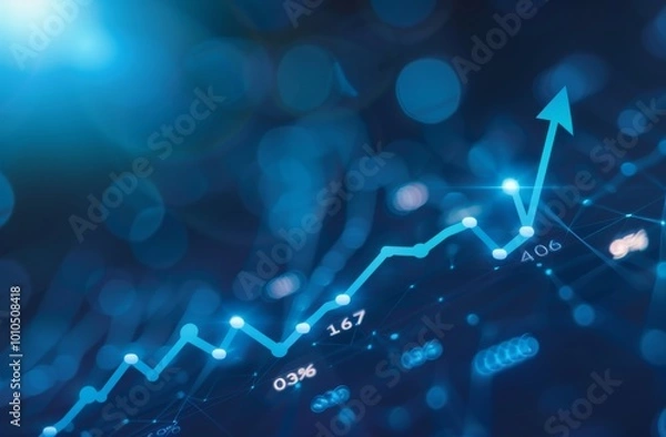 Fototapeta A stock market graph with an arrow pointing upwards, indicating the sales of company "046" have grown in importance and value over time. The dark blue background has white numbers representing differe