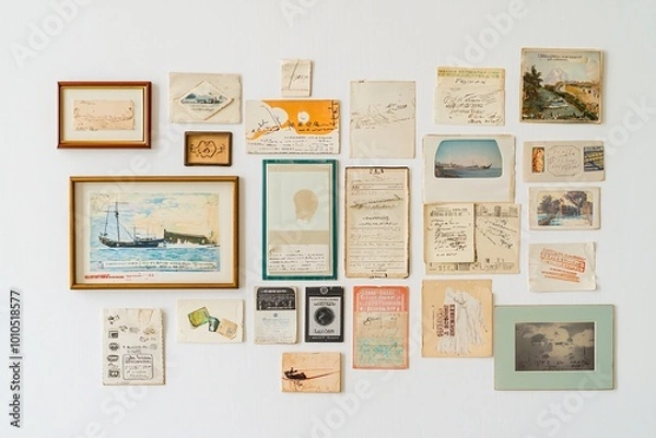 Fototapeta A curated assortment of vintage postcards, tickets, and paper treasures showcased in a sleek frame against a pristine backdrop.