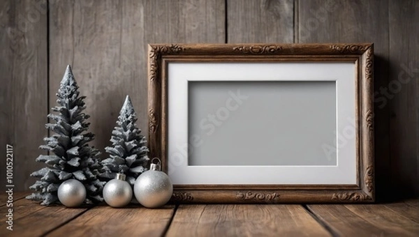 Obraz Christmas holiday empty frame design mockup with decoration on wood table