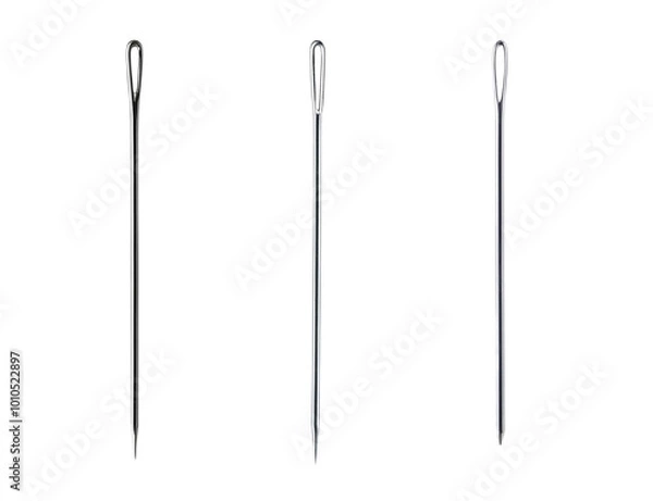 Fototapeta Three metallic sewing needles on a white isolated background.