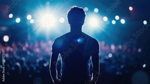 Fototapeta Back view of a speaker addressing a large audience in a dimly lit auditorium, warm orange lighting creating a dramatic