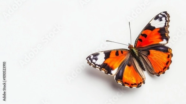 Fototapeta A vibrant orange and black butterfly with white markings is perched on a white background, its wings spread wide.