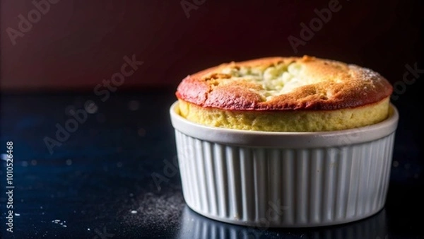 Obraz A close-up of a baked souffle in a white ramekin.