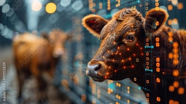 Fototapeta A digitally enhanced image of a cow, highlighting agricultural technology with binary code patterns in a farm setting