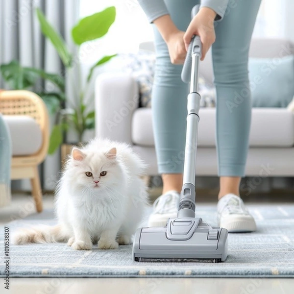 Fototapeta A person vacuums a carpet while a white cat watches, showcasing a clean home environment and pet-friendly cleaning.