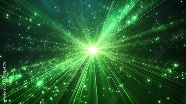 Fototapeta A green light burst with glowing particles radiates outwards from a central point, creating a sense of energy and movement.