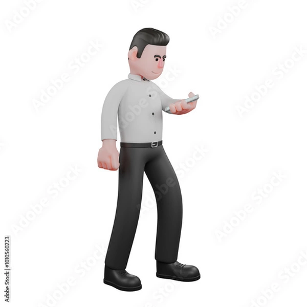 Fototapeta 3D Professional Male Businessman Character. A male businessman is standing while observing the cellphone held in his left hand. Strategy