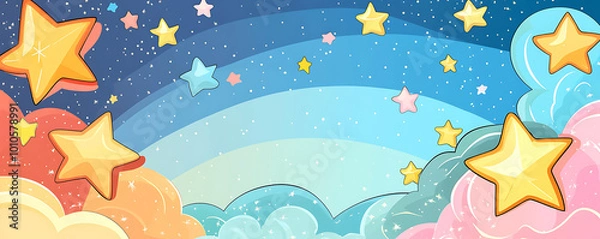 Fototapeta Dreamy colorful sky with sparkling stars and fluffy clouds
