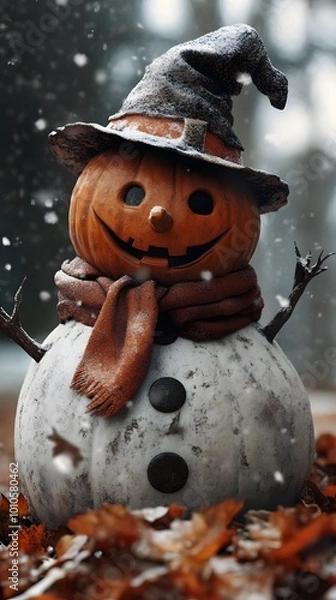 Fototapeta Chilling Pumpkin Snowman, a whimsical yet eerie creation blending Halloween and winter themes, showcasing a spooky character in a snowy landscape