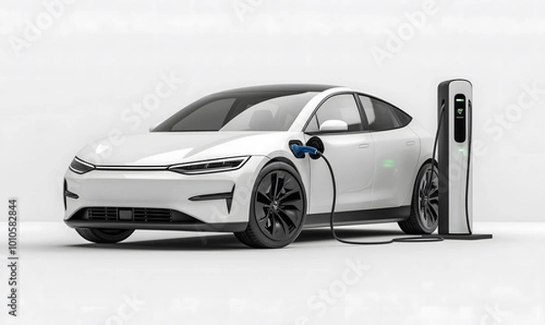 Obraz Image of electric car and charging station. EV Car technology for present and future modern on white background with copy space, Generative ai