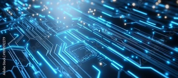 Fototapeta A glowing blue circuit board with intricate patterns, representing advanced technology and digital connectivity.