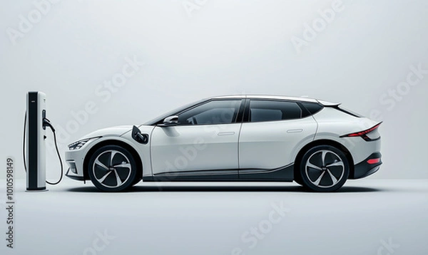 Obraz Image of electric car and charging station. EV Car technology for present and future modern on white background with copy space, Generative ai