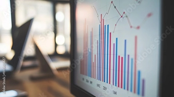 Obraz Close-up of digital screen showing labor market graph with job openings and employment rates, office setting with copy space for text overlay.