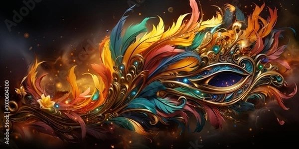 Fototapeta A Golden Masquerade of Feathers, Embellished with Intricate Detail, Glimmering with Mystical Charm, Amidst a Blaze of Celestial Dust