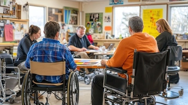 Fototapeta People in wheelchairs gathered around a table in a room