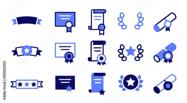 Fototapeta Award medal icon set. Set of ribbon, frame, laurel, ornament, decoration, certificate, diploma. Concept of Competition, Rewarding, Victory. Vector illustration in business style. Duo-color